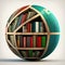 Green wooden sphere like bookshelf with variety of diffrent color books inside. Close up of creative library on white background,