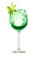 Green woodruff drink with ice cubes on white background, isolated