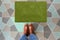 Green Woolen Door mat with Brown shoes Welcome entry designer doormat