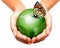 Green world with leaf and butterfly in woman hands.