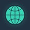 Green Worldwide icon isolated on blue background. Pin on globe. Abstract circle random dots. Vector Illustration