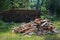 Green yard with woodstack.