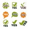 Green, yellow checkmark correct set symbol. Vector verify yes si