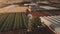 Green, yellow fields, greenhouses at sunset. Bio farmer garden plantation aerial view.