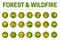 Green and Yellow Forest & Wildfire Round Icon Set with Fire, Pine, Cabin, Wildlife, Helicopter, Rain, Weather, Firefighter, Wild