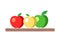 Green, yellow and red apples in childish flat style on wooden shelf