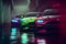 Green yellow red purple sport sedans in neon lights garage