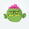 Green zombie with pink brains outside of the head. Halloween character. Vector flat illustration.