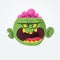 Green zombie with pink brains outside of the head. Halloween character. Vector flat illustration.