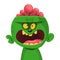 Green zombie with pink brains outside of the head. Halloween character. Vector illustration.