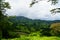 Greenery mountain panorama, town view and sky from afar