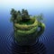 a greenery vegetation cup fill with pond and trees on a ripple waterscape. The forest surrounds the fertile ponds oasis concept.