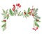 Greenery wreath banner with hand drawn watercolor winter evegreen plants and red berries with place for text.