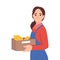 Greengrocer selling fruits. Young woman holding box of banana