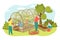Greenhouse agriculture plant at farm, farmer harvest vector illustration. Cartoon farming with food, vegetable, tomato