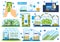 Greenhouse agriculture technology vector illustration set, cartoon flat farm tunnel greenhouses with farmers and robot