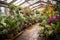 greenhouse with bonsai trees, orchids, and other exotic plants