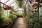 greenhouse with creeping vines and blooming flowers