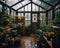 A greenhouse filled with lots of potted plants. AI generative image.