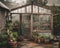 A greenhouse filled with lots of potted plants. AI generative image.