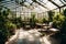 A greenhouse filled with a variety of plants and a serene, nature-inspired seating area for relaxation