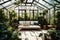 A greenhouse filled with a variety of plants and a serene, nature-inspired seating area for relaxation