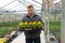 Greenhouse owner carrying tray with blooming marigold