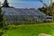 Greenhouse placed among grass and dandelions.