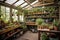 greenhouse with shelves of plants and tools for gardening