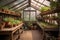 greenhouse with shelves of plants and tools for gardening