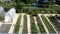 Greenhouses and vegetable beds are arranged in rows in the garden, top view. Vegetables and fruits are planted in the garden beds