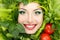 Greens vegetables frame woman beauty face