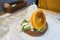 Greentea japanese pancake with slice piece of orange