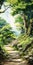 Greenwood Pathway: Hyper Realistic Anime Style Painting Of A Forest Path