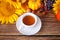 Greeting autumn card. Composition with pumpkin, autumn leaves, sunflower, cup of tea, plaid and berries on the wooden background.