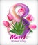 Greeting banner with gerbera flower and ribbon. 8 March - International Womens Day. Vector illustration EPS10