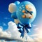 Greeting: The birth of a boy as a light blue flight. A balloon in the sky