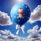 Greeting: The birth of a boy as a light blue flight. A balloon in the sky