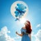 Greeting: The birth of a boy as a light blue flight. A balloon in the sky