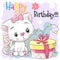 Greeting Birthday card cute Kitten with gift