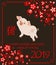 Greeting brown card for 2019 Chinese New Year with little funny pink pig, hieroglyph pig and decorative floral red pattern