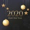 Greeting Card 2020 Happy New Year. Illustration with gold Christmas balls, stars and place for text. Flyer, poster, invitation or