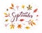 Greeting card with autumn leaves and lettering. September hand drawn word with autumnal colorful illustration. - Vector