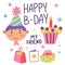 Greeting card with a boy, with a cupcake, candle and confetti, gifts and a postcard on a white background. A holiday