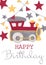 Greeting card for boy`s happy birthday with retro toy train isolated on white background. Baby shower invitation