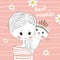 Greeting card cartoon, kitten sits on a girl shoulder.