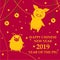 Greeting card for Chinese New Year 2019 with funny pigs, stars and happy lucky coins on the cross background