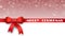 Greeting card with christmas decorations in red design - MERRY CHRISTMAS lettering on ribbon with bow - free place for your text