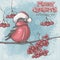 Greeting card for Christmas and New Year depicting bullfinches o
