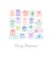 Greeting card with colored christmas doodle gift boxes. Vector illustration in simple style.